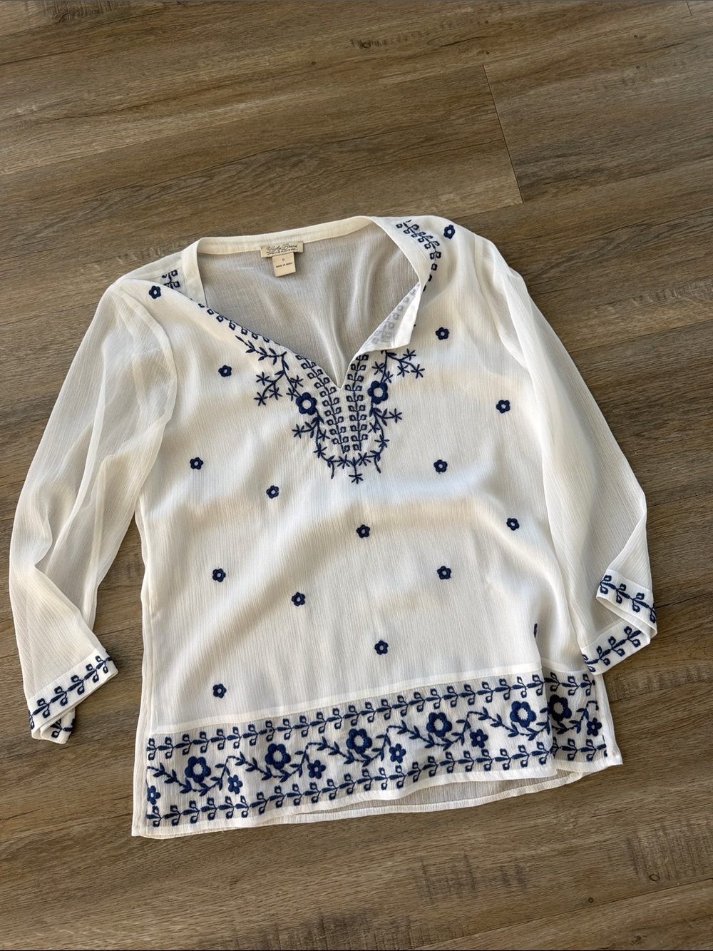 Lucky Brand White Peasant Top with Navy Embroidery